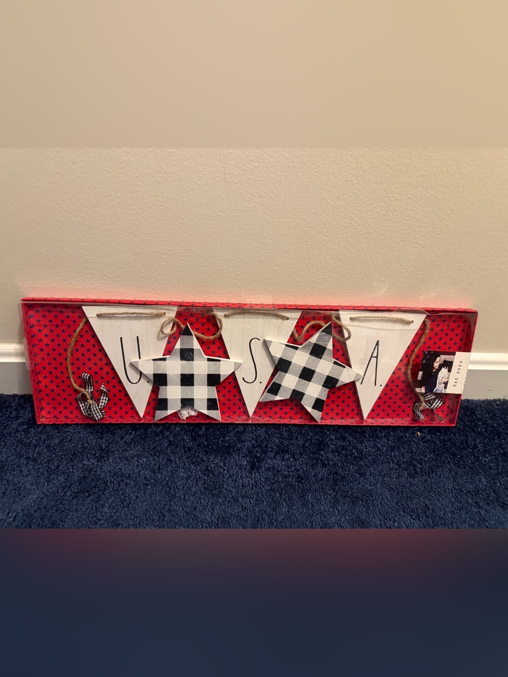Rae Dunn Red and Black Buffalo Check Star USA Garland